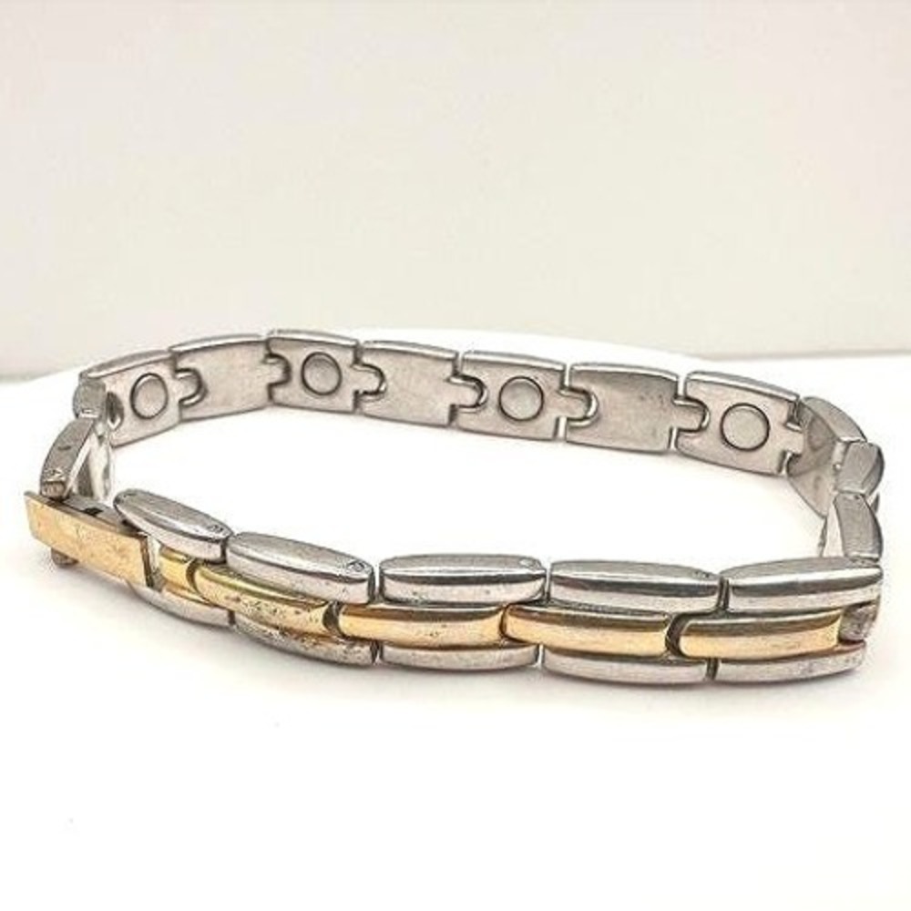 Vintage 80s Magnetic Therapy Bracelet Silver & Gold Tone Link Statement Mens Y2K